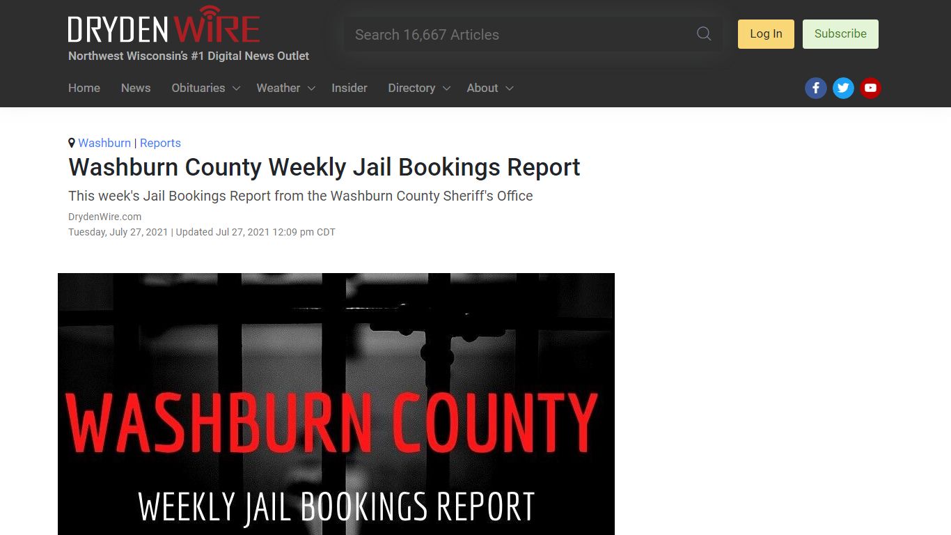 Washburn County Weekly Jail Bookings Report - DrydenWire.com