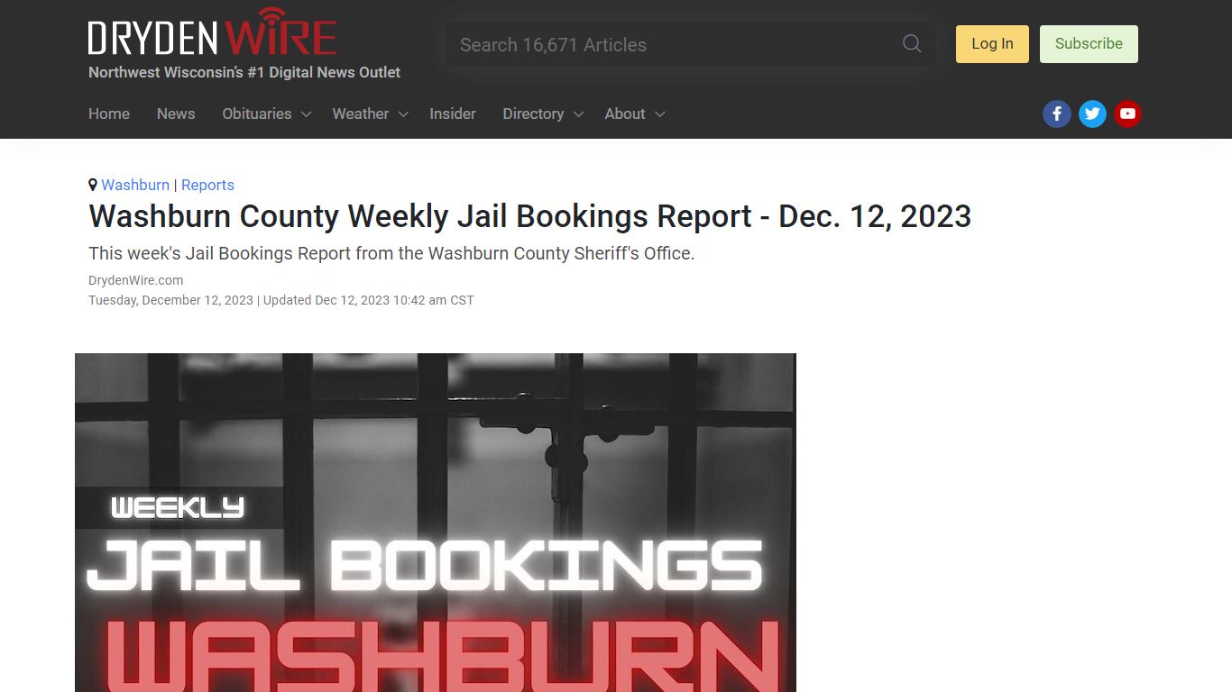 Washburn County Weekly Jail Bookings Report - Dec. 12, 2023